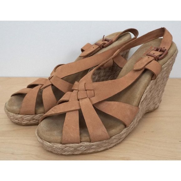 MICHAEL KORS Brown Leather Espadrille Sandal Platform Wedge High Heel Shoes Sz 9 - Picture 1 of 7